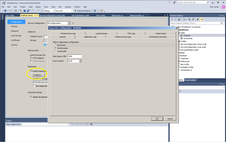 Azure Diagnostics configuration dialog