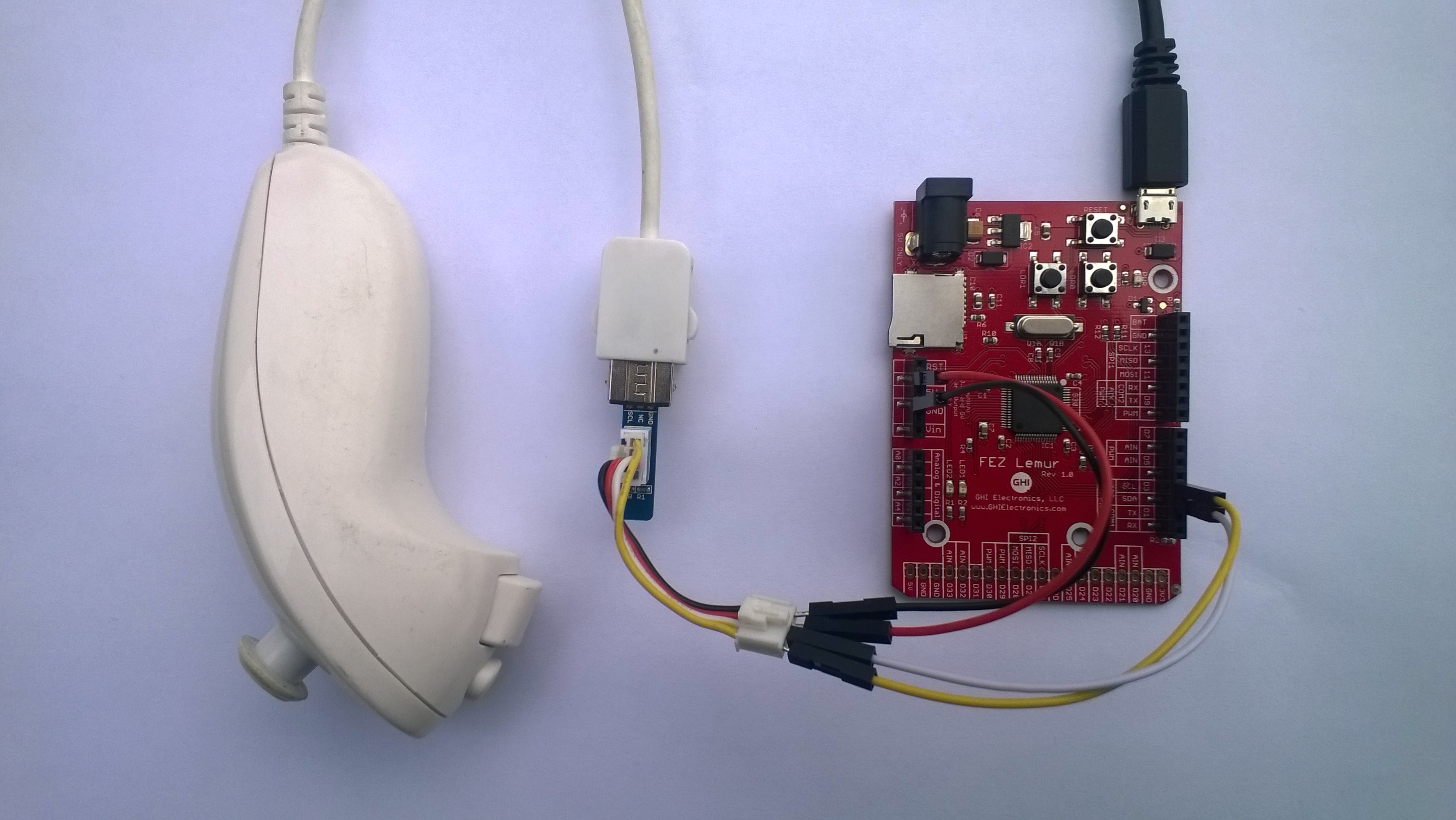 FEZ Lemur and Nunchuck connected with jumper wires and seeedstudio adaptor