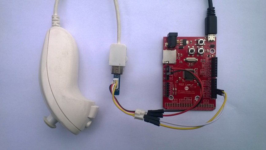 FEZ Lemur and Nunchuck connected with jumper wires and seeedstudio adaptor